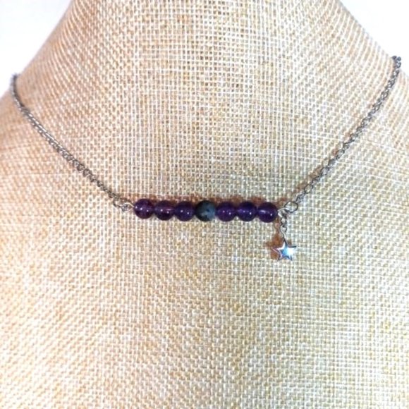 Hand Crafted Jewelry - Amethyst Black Striped Agate Chakra Gemstone Hematite Star Necklace Handmade